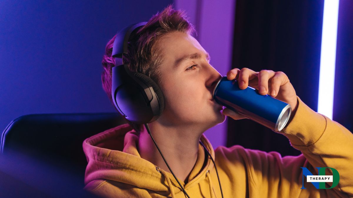 A gamer teen driinks an energy drink.