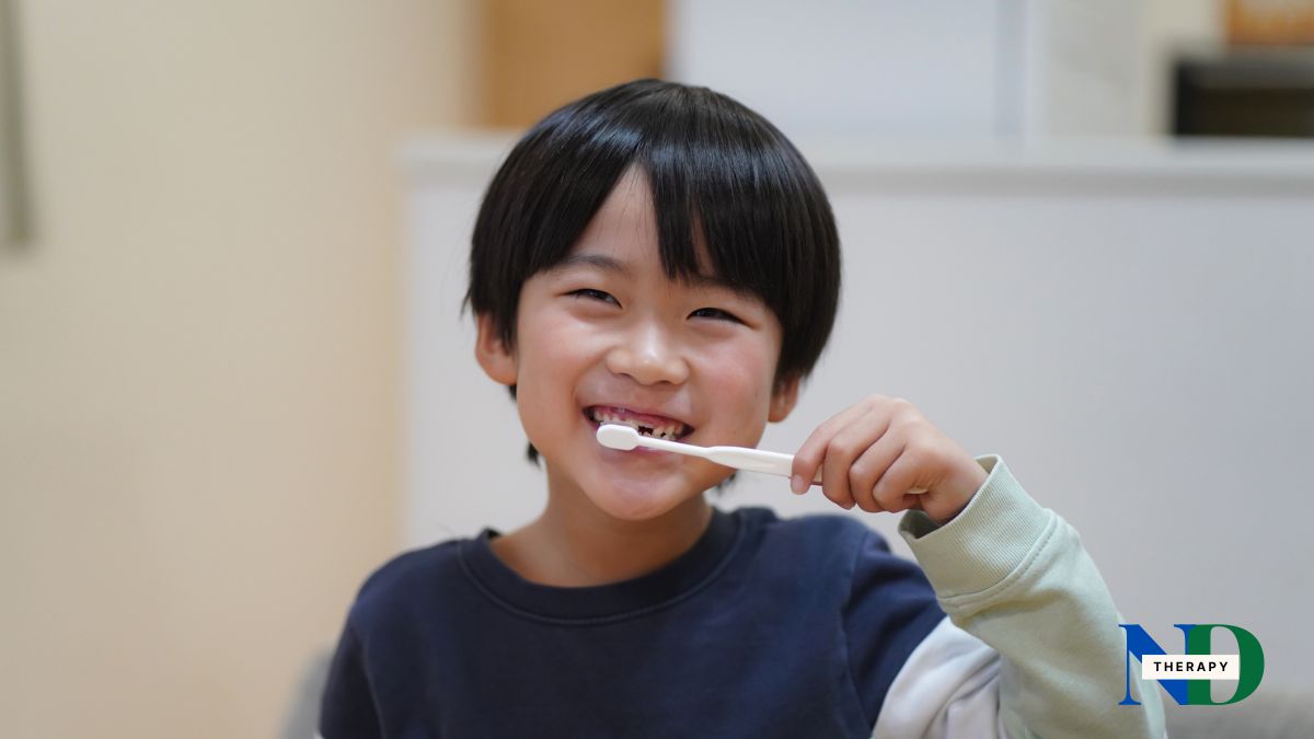 A child brushing his teeth.